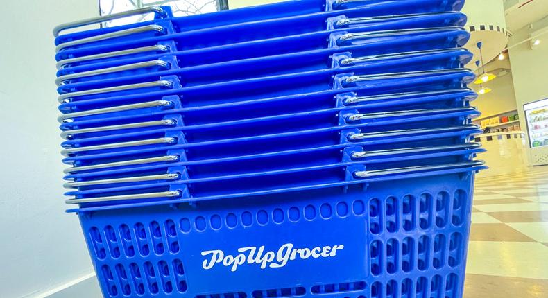 Everything inside Pop Up Grocer is on-brand, even the baskets.Rachel Askinasi/Insider