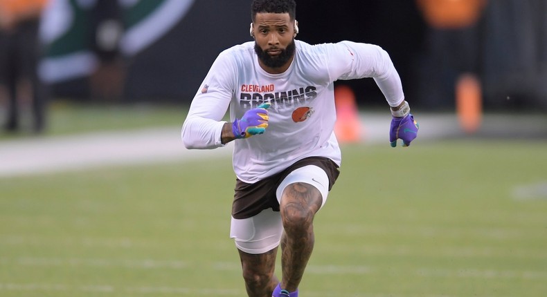 Cleveland Browns' Odell Beckham warms up before an NFL football game against the New York Jets Monday, Sept. 16, 2019, in East Rutherford, N.J.