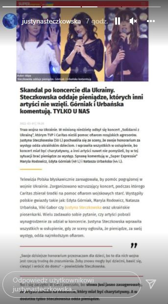 Justyna Steczkowska o honorariach za koncert "Solidarni z Ukrainą"