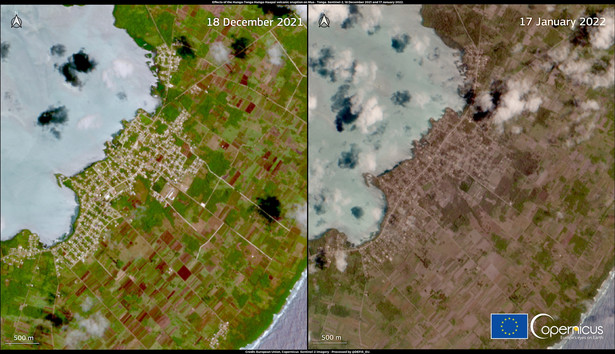 Porównanie obrazów satelitarnych wyspy Tongatapu z 18 grudnia 2021 r. (przed wydarzeniem) i 17 stycznia 2022 (po wydarzeniu)