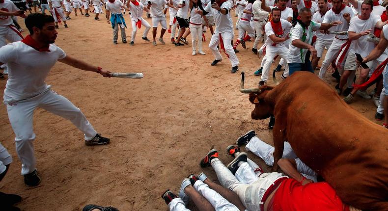 A wild cow leaping over revelers in the bull ring following the fourth running of the bulls at the San Fermin festival in Pamplona, Spain.