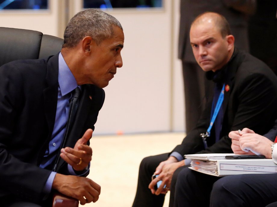 President Barack Obama with advisers, including Deputy National Security Adviser Ben Rhodes, at the ASEAN Summit in Laos, September 8, 2016.