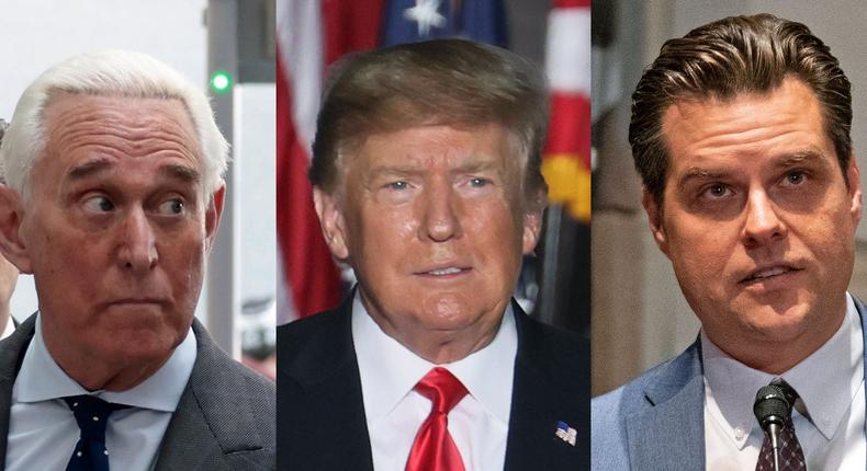 Political consultant Roger Stone, former President Donald Trump, and Florida Rep. Matt Gaetz.