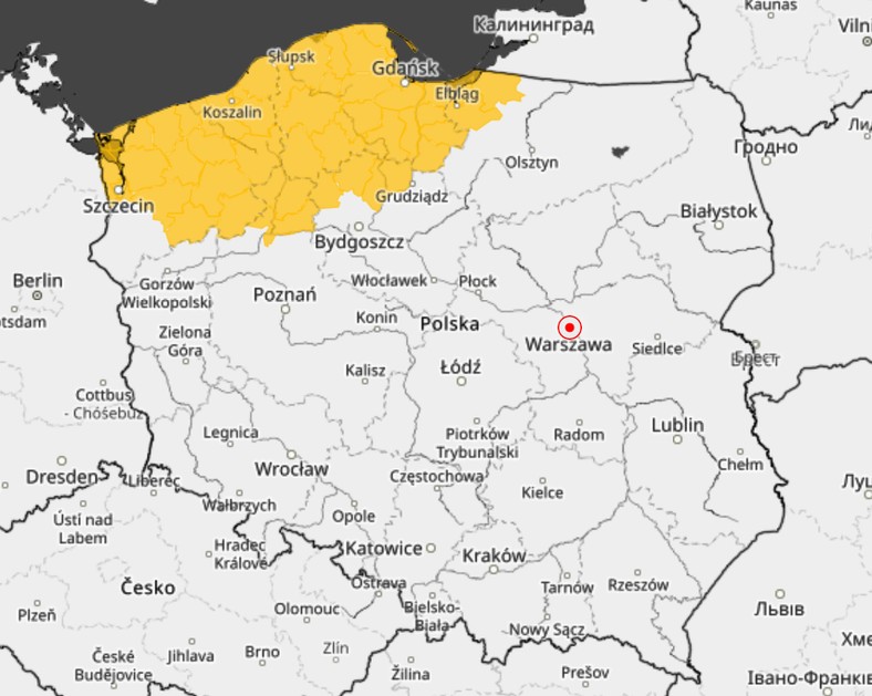 Mapa ostrzeżeń burzowych wg IMGW