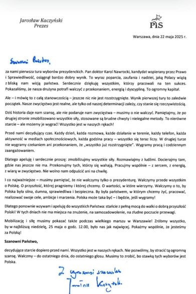 List Jarosława Kaczyńskiego rozesłany do działaczy PiS