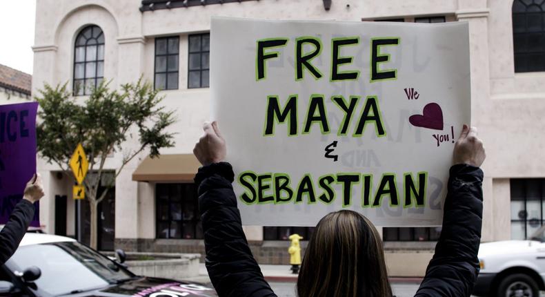 Supporters of Maya and Sebastian protest outside of a Santa Cruz County courthouse in October 2022.Still from a forthcoming documentary by Insider/Retro Report/Type Investigations