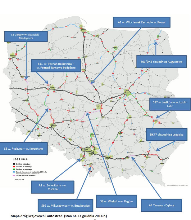 Największe inwestycje 2014 r. na mapie – źródło: GDDKiA