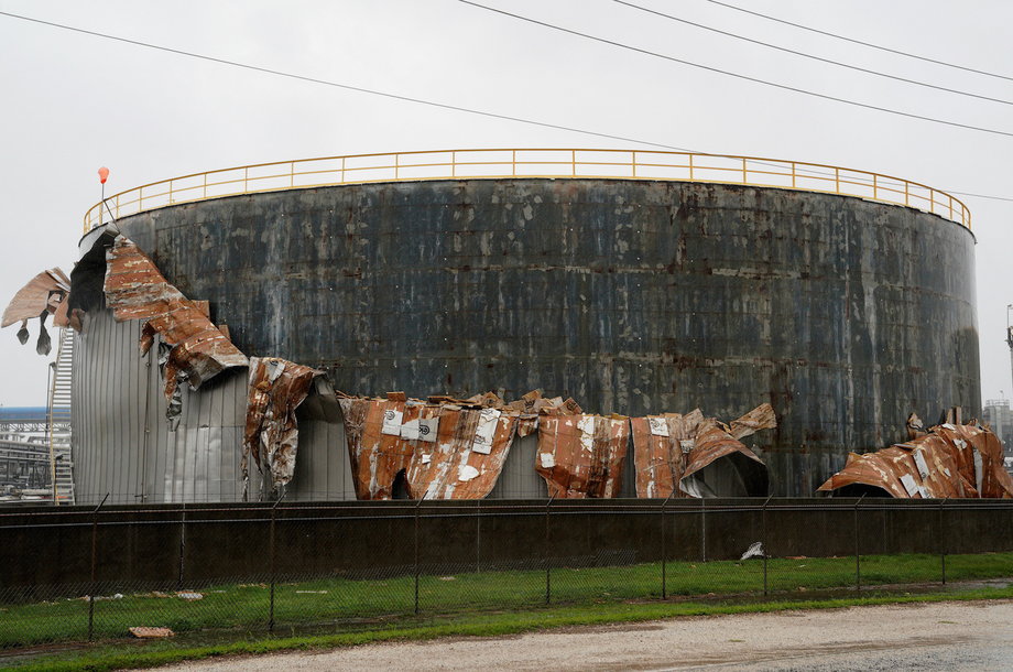 An oil tank damaged by Hurricane Harvey near Seadrift, Texas, August 26, 2017.