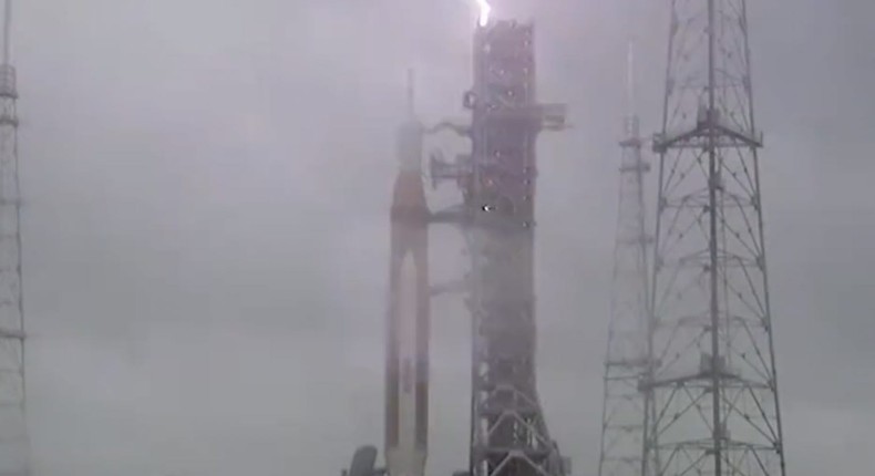 Lightning struck the launchpad of NASA's new SLS rocket at the Kennedy Space Center in Cape Canaveral, Florida on April 2, 2022.