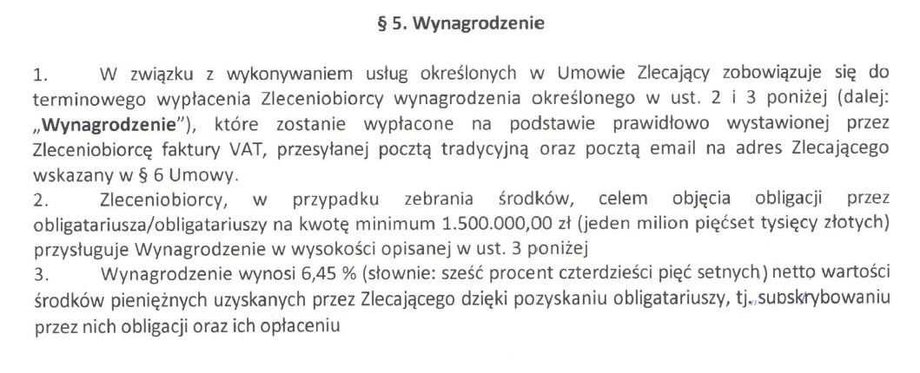 Fragment umowy, jaką Gerda Broker podpisała z jednym z emitentów. Co istotne, z punktu nr 3 dowiadujemy się, że wynagrodzenie dla Gerdy jest wprost uzależnione od wartości pozyskanych aktywów. W tym wypadku wynosiło ono 6,45 proc. netto.