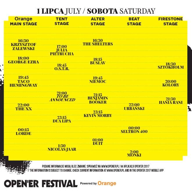 Open'er Festival 2017: rozpiska godzinowa na sobotę, 1 lipca