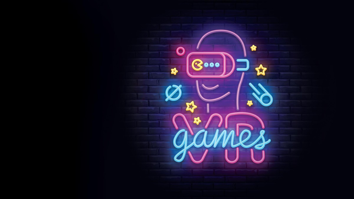 Video Games logos collection neon sign Vector design template. Conceptual Vr games, Retro Game night logo in neon style, gamepad in hand, modern trend design, light banner. Vector illustration