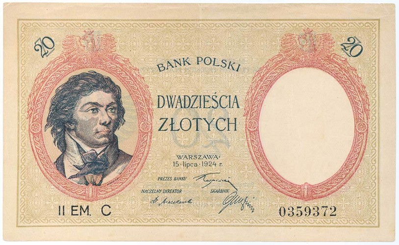 Banknot o nominale 20 złotych z wizerunkiem Tadeusza Kościuszki.