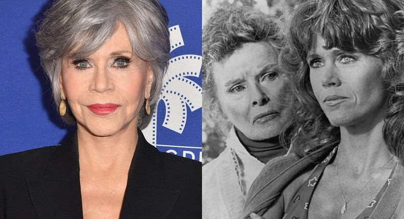 Jane Fonda in 2023, left; Right, with Katharine Hepburn in On Golden Pond.David Crotty/Getty Images; NBCU Photo Bank/NBCUniversal via Getty Images