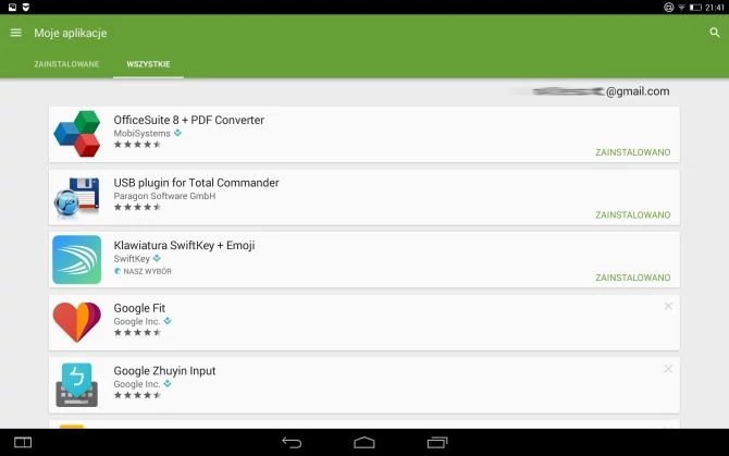 Zakładka Moje aplikacje w Sklepie Play