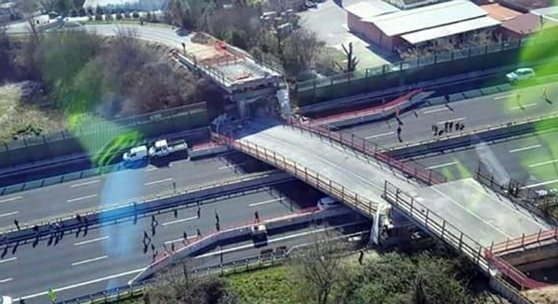 A motorway bridge after it collapsed near the north-east Italian city of Ancona, killing at least two people and injuring two others on March 9, 2017