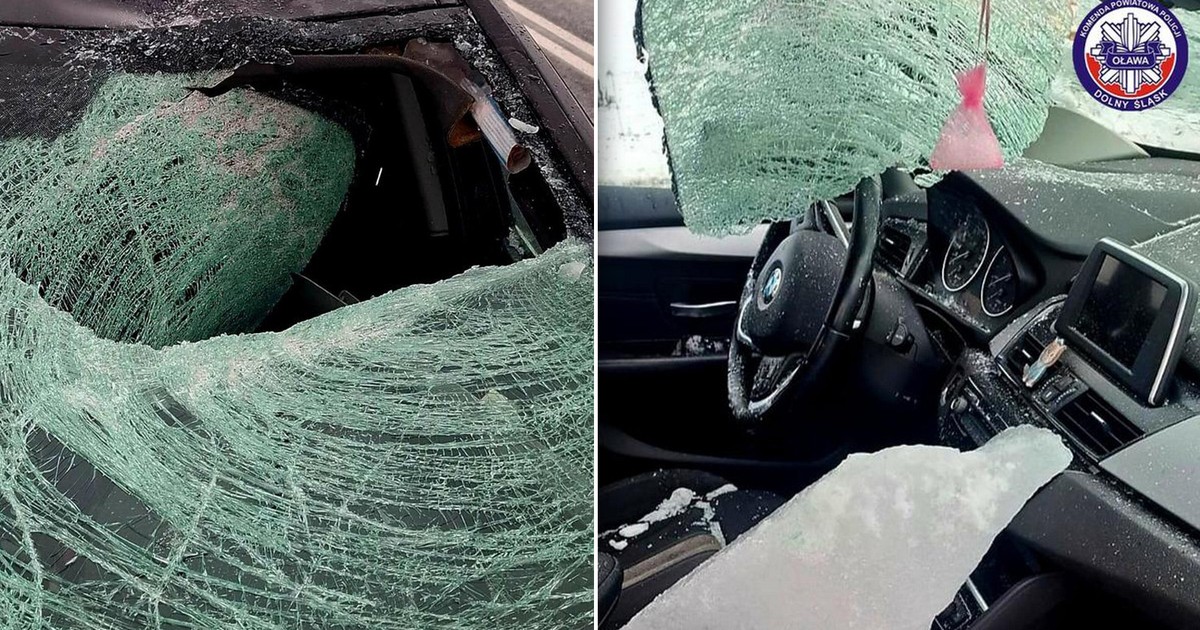 Horror na drodze w Pełczycach. Tafla lodu z ciężarówki wbiła się w BMW