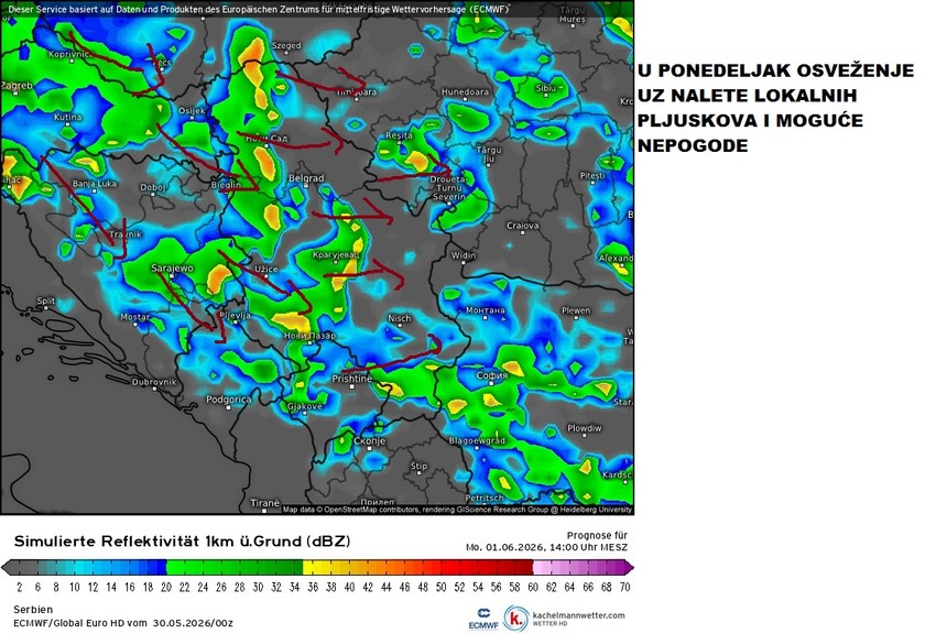 Osveženje stiže u ponedeljak, moguće su nepogode