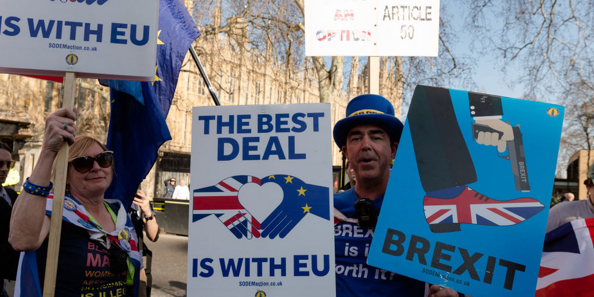 Protest przeciwników Brexitu na ulicach Londynu 27 lutego 2019 roku. Prowadzą oni kampanię, której celem jest powstrzymanie Wielkiej Brytanii przed opuszczeniem Unii Europejskiej.