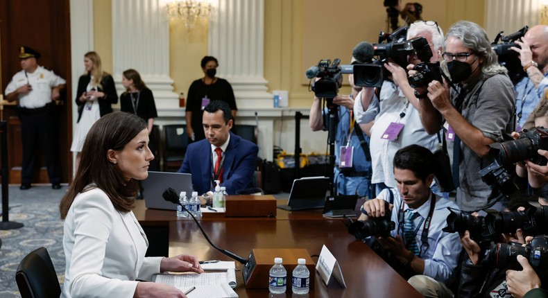 Cassidy Hutchinson, a top former aide to Trump White House Chief of Staff Mark Meadows, arrives to testify during the sixth hearing by the House Select Committee on the January 6th insurrection in the Cannon House Office Building in Washington, DC, on June 28, 2022.