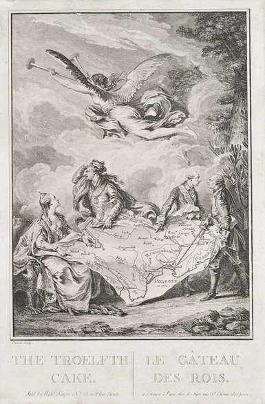 Kołacz królewski – alegoria rozbioru Polski, miedzioryt wykonany na podstawie rysunku przez Nicolasa Noël Le Mire.