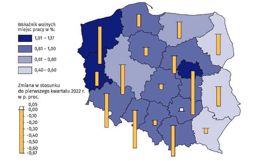 Wskaźnik wolnych miejsc pracy w regionach w pierwszym kwartale 2023 r. Stan na koniec kwartału