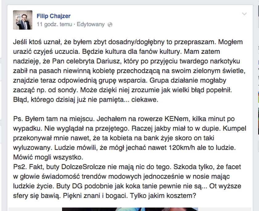 Oto co Chajzer napisał na facebooku