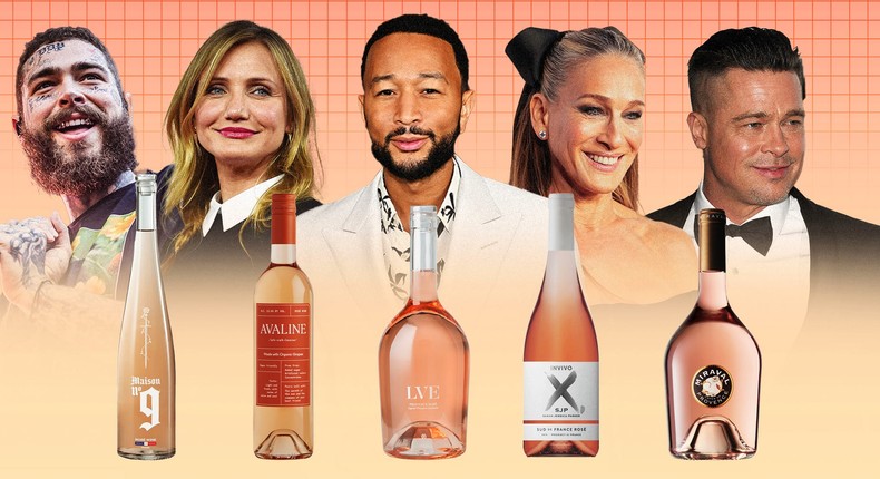 Post Malone, Cameron Diaz, John Legend, Sarah Jessica Parker, and Brad Pitt are associated with five of the most  popular celebrity wine brands.AFP/Getty, Jared Siskin/Getty, Derek White/Getty, Jason LaVeris/Getty, Future Publishing/Getty, Tyler Le/Insider