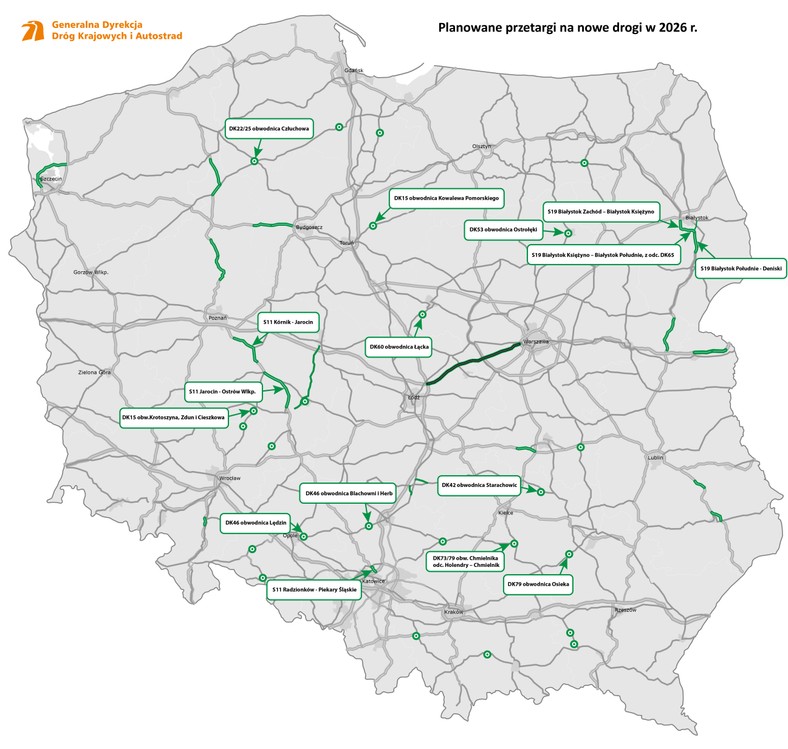 Mapa odcinków, dla których GDDKiA planuje przetargi w 2026 r.