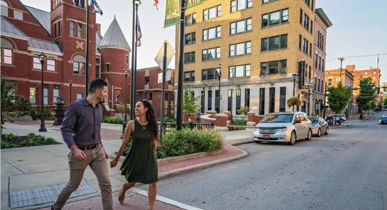 A couple walks in downtown Morgantown, West Virginia.West Virginia Tourism Department.