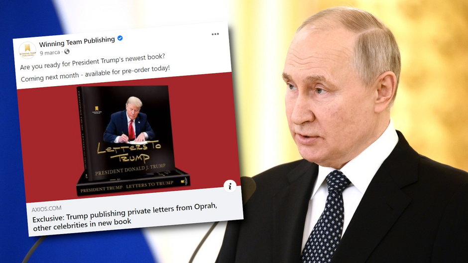Władimir Putin i okładka książki "Letters to Trump"
