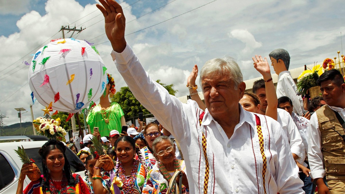 Mexico's presidential front-runner Andres Manuel Lopez Obrador of MORENA greets supporters in Oaxaca