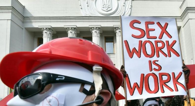 Sex workers demonstrate in front of Ukraine's parliament in Kiev on March 3, 2017