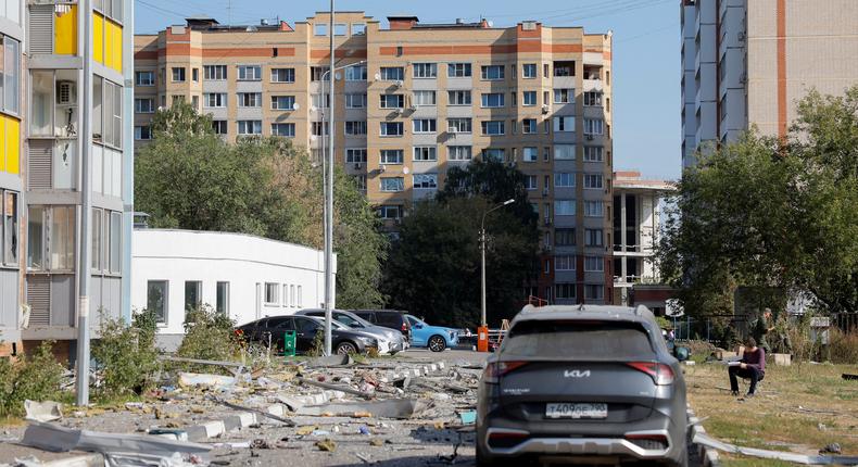 A damaged multi-story building following a Ukrainian drone attack in Ramenskoye in the Moscow region. Russia said it intercepted 144 drones across the country.Maxim Shemetov