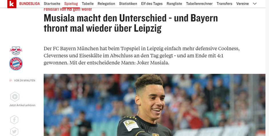 Kicker.de po meczu Bayernu Monachium z RB Lipsk