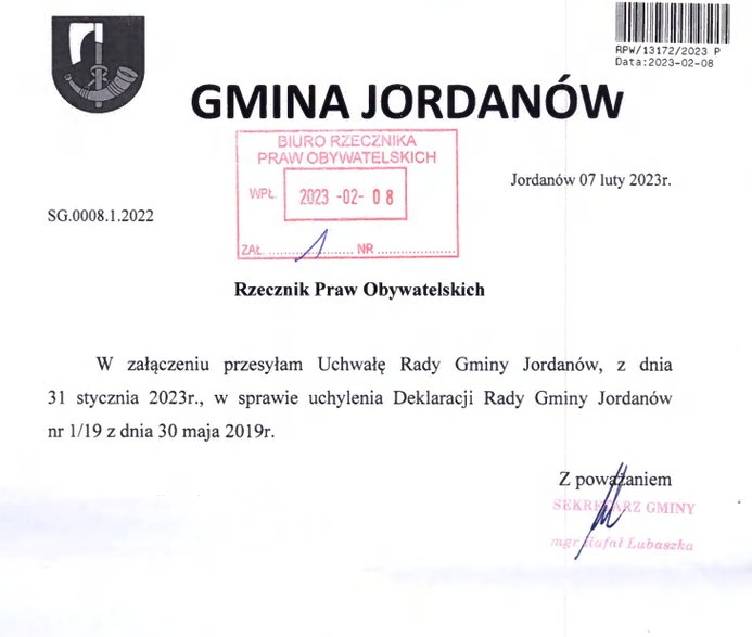 Gmina Jordanów wycofuje się z deklaracji anty-LGBT