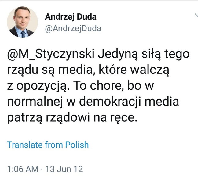 Tweet Andrzeja Dudy z 2012 r.