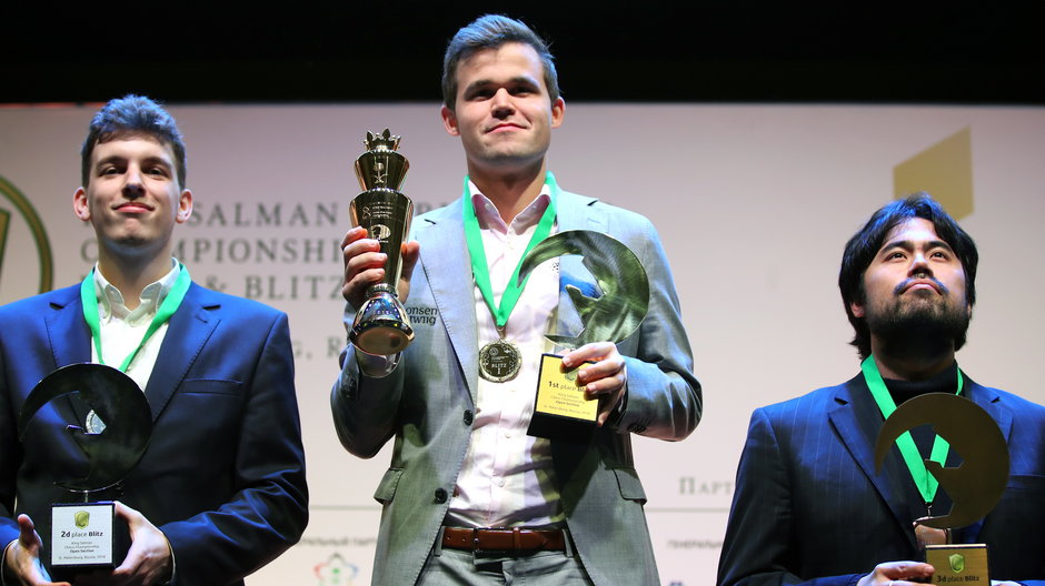 Od lewej Jan-Krzysztof Duda, Magnus Carlsen i Hikaru Nakamura