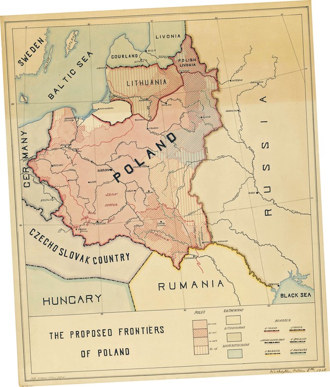 Mapa z sugerowanymi granicami Polski przygotowana przez Romana Dmowskiego dla prezydenta Woodrowa Wilsona