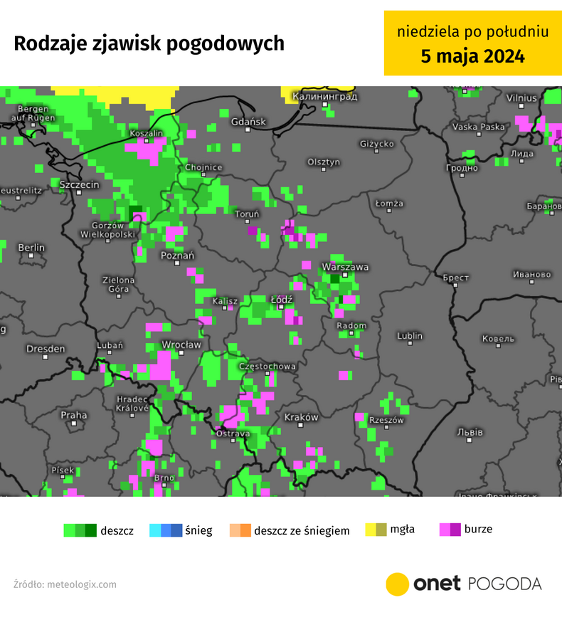 W niedzielę niemal w całej Polsce mogą pojawić się deszcz i burza