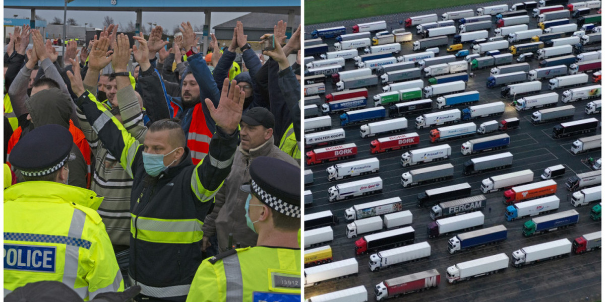 W środę rano setki kierowców, którzy utknęli na nieużywanym lotnisku w Anglii w oczekiwaniu na przejazd do Francji, w ramach protestu zablokowało jedną z dróg. Ruch między Wielką Brytanią a Francją wstrzymano nagle w niedzielę z powodu obaw o nowy, bardziej zaraźliwy wariant koronawirusa. 