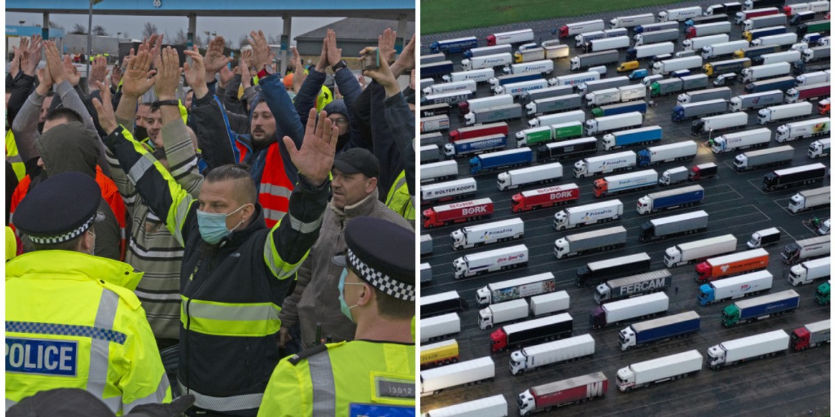 W środę rano setki kierowców, którzy utknęli na nieużywanym lotnisku w Anglii w oczekiwaniu na przejazd do Francji, w ramach protestu zablokowało jedną z dróg. Ruch między Wielką Brytanią a Francją wstrzymano nagle w niedzielę z powodu obaw o nowy, bardziej zaraźliwy wariant koronawirusa. 