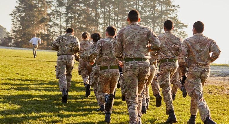 Recruits at HMS Raleigh doing a stretcher run.Emli Bendixen for Insider