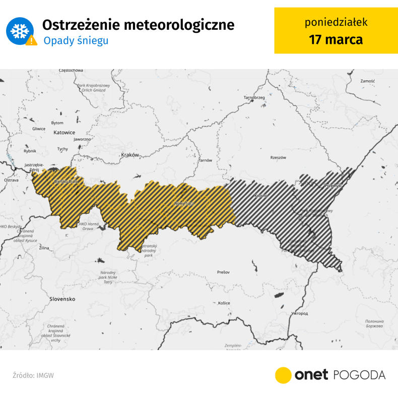 Ostrzeżenia przed opadami śniegu obowiązują na południu woj. śląskiego i małopolskiego