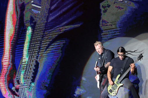 James Hetfield and Robert Trujillo of Metallica perform at Lollapalooza music festival, in Santiago,