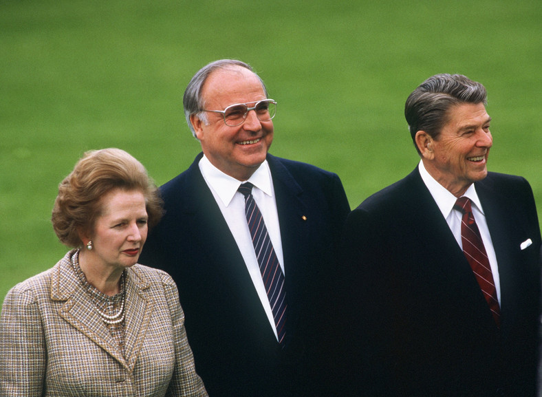 Premier Wielkiej Brytanii Margaret Thatcher, Helmut Kohl i Ronald Reagan w 1985 roku w Bonn