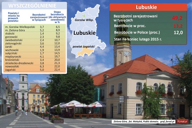 13,3 proc. – tyle w lutym tego roku wyniosło bezrobocie w woj. lubuskim. Wskaźniki bezrobocia w regionie wahają się od 6,5 proc. w Gorzowie Wielkopolskim do 22,4 proc. w powiecie żagańskim. <br>Rynkowi pracy w Lubuskiem sprzyja bliskość Niemiec. W Gorzowie Wielkopolskim działa m.in. należący do Grupy Sumitomo SE Bordnetze Polska, producent wiązek elektrycznych do aut takich marek, jak Volkswagen, Audi, Skoda i Bugatti. Spółka zatrudnia ponad 2,6 tys. osób i jest największym pracodawcą w regionie. Wśród większych inwestorów wymienić należy też tajwański TPV Displays, który ma tu swój polski zakład oraz francuską Faurecię, produkującą elementy wnętrz do samochodów. <br>Na koniec 2014 roku stopa bezrobocia w województwie lubuskim wynosiła 12,8 proc. – był to najniższy poziom od sześciu lat. Teraz wskaźnik nieco wzrósł, ale władze już szykują środki na aktywizację bezrobotnych. W sumie w całym 2015 roku na cel ma zostać wydanych prawie 370 mln zł.