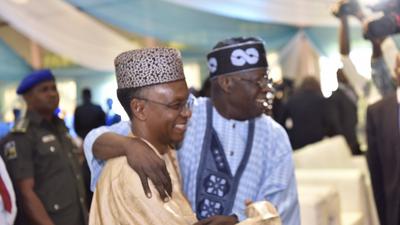 Kaduna State governor, Nasir El-Rufai, hugs former Lagos governor, Bola Tinubu [Punch]