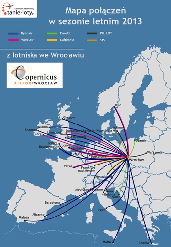 W nowym sezonie wrocławskie lotnisko zaoferuje łączenie loty do ponad 60 miast. Znajdziemy w tym 34 połączenia regularne - 27 połączeń niskokosztowych i 7 tradycyjnych. Całość dopełnia 30 kierunków czarterowych. Wiosną wracają popularne południowe kierunki, które zadebiutowały w rozkładzie lotów w ubiegłym roku (m.in. Kreta Chania, Malta, Wenecja Treviso). Do wyboru tego lata będą ponownie typowo wakacyjne połączenia z oferty irlandzkiego przewoźnika, m.in. do: Barcelony Girony, Alicante, Malagi, Mediolanu, Bolonii czy Rzymu. Do rozkładu wraca także sezonowe połączenie do Bournemouth. Z liniami Wizz Air, które od ponad dwóch lat mają we Wrocławiu swoją bazę operacyjną, będzie można w nowym sezonie polecieć do: Paryża Beauvais (takie połączenie oferuje również Ryanair), Oslo Torp, Londynu Luton, Einhoven czy Dortmundu. W nowym sezonie Eurolot będzie oferował loty do Gdańska, a od 13 czerwca także do Zadaru w Chorwacji - to gorąca nowość w sezonie letnim.