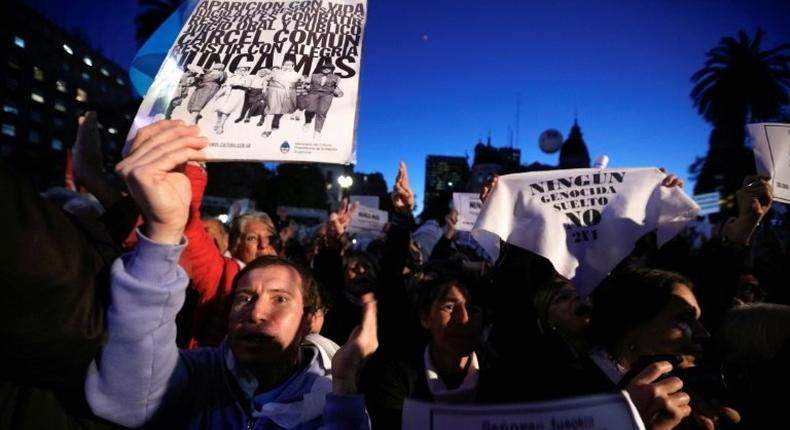 Demonstrators march to Plaza de Mayo square in Buenos Aires on May 10, 2017